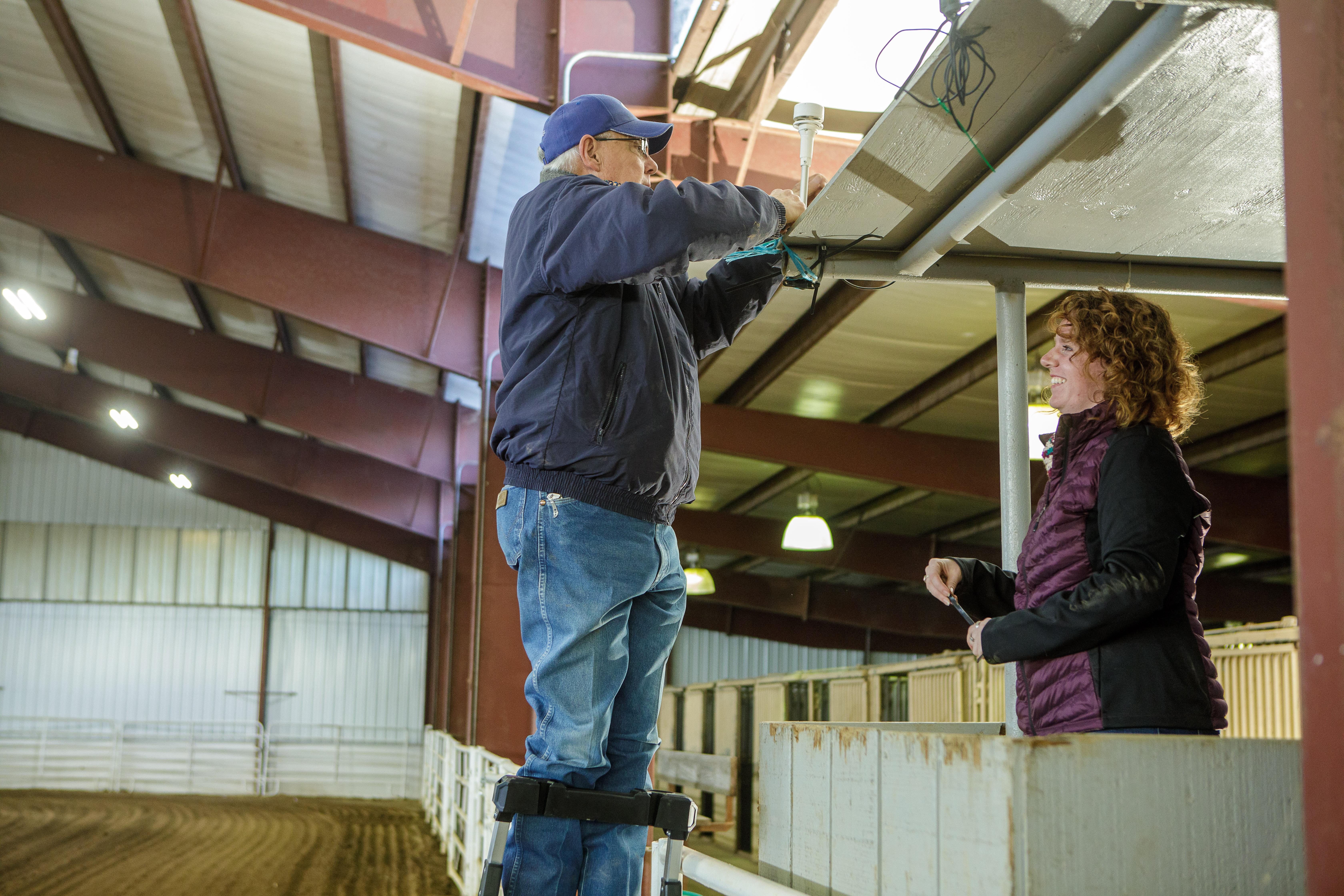 Staci McGill and Bob Coleman install environmental monitoring devices in Lakeside Arena. Photo by Matt Barton, UK Agricultural Communications Specialist