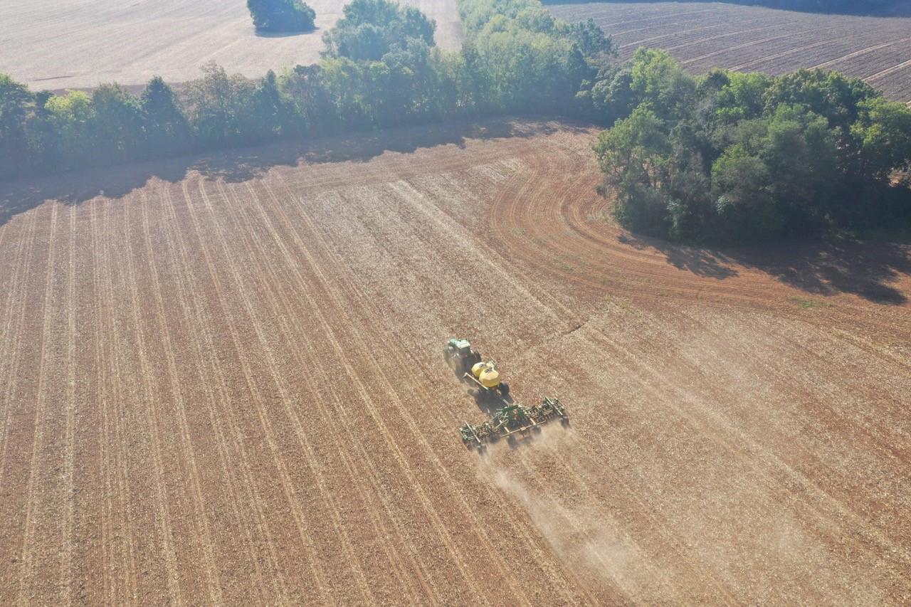 Aerial shot of planting rye on Walnut Grove Farms.