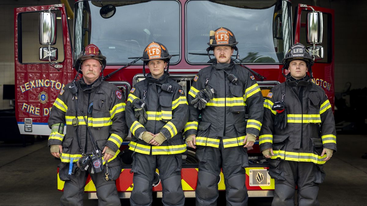Firefighters wearing LION's turnout gear at the Lexington Fire Department #6. Photo by Sabrina Hounshell.