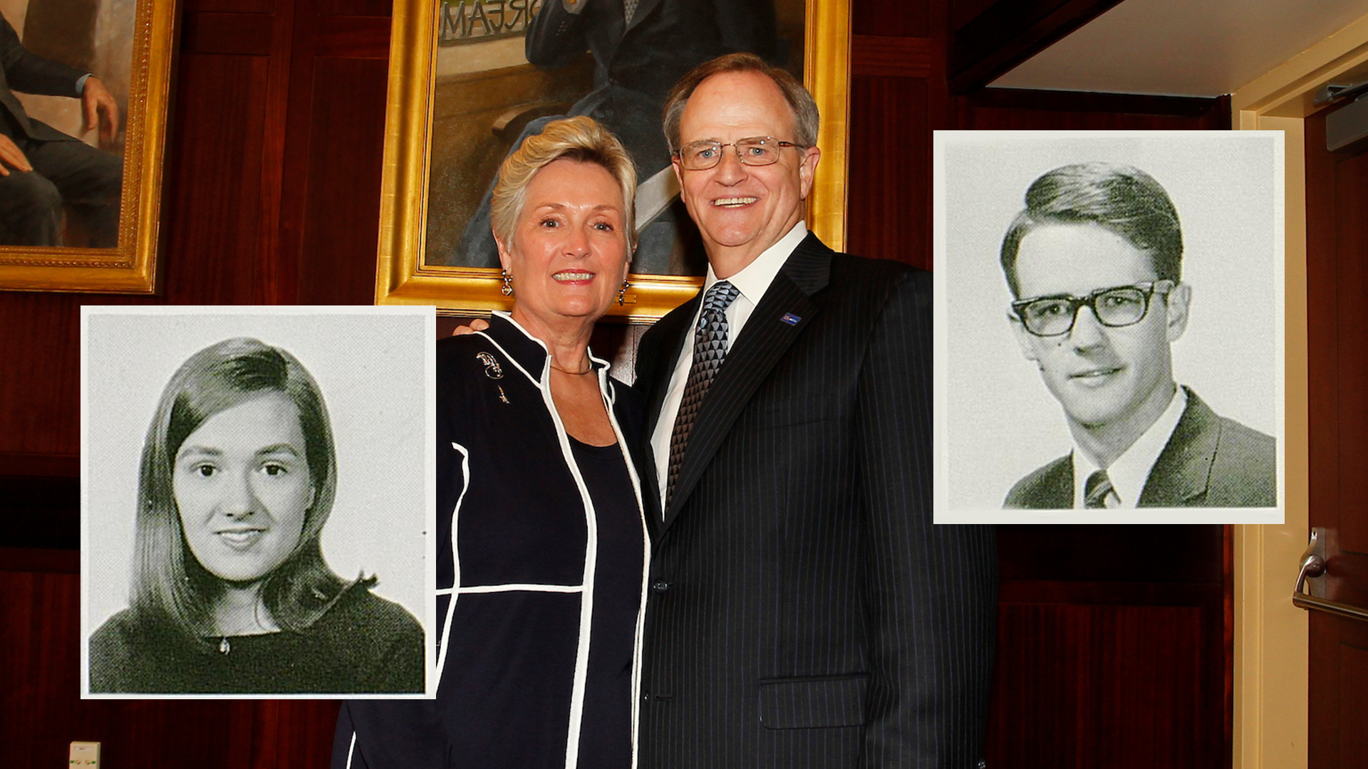 An older man and woman pose for a formal portrait. On top of that photo, on either side of the couple, are their black-and-white college yearbook photos.