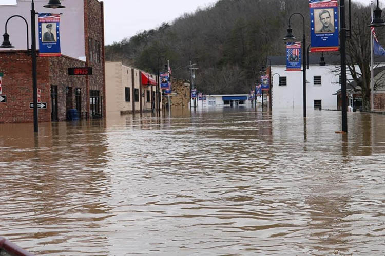 Flooded downtown street in Beattyville, KY. Photo by Natasha Lucas