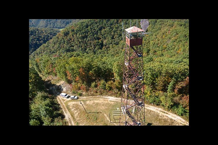 Aerial view of the fire tower in UK Robinson Forest. 