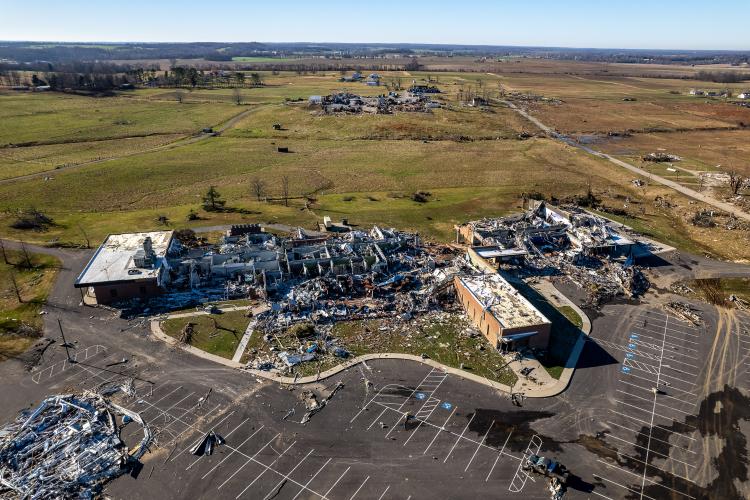 Aerial view of the UK Research and Education Center after it took a direct hit from a weekend tornado. Photo by Matt Barton, UK agricultural communications.
