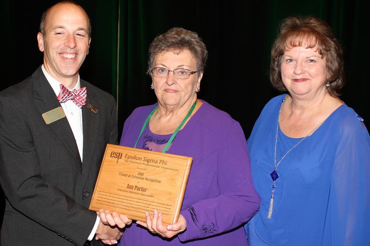 Ann Porter, center, accepts the 2019 Friend of Extension-Volunteer/Lay Leader Award from Mark Blevins, Epsilon Sigma Phi president. Also pictured is Nellie Buchanan, Morgan County family and consumer sciences extension agent. Photo by Billy Warrick.  