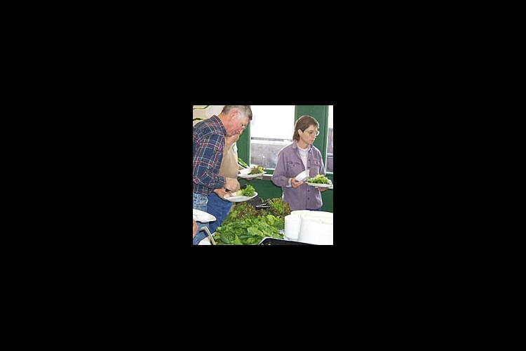 Workshop participants enjoy a soup and salad lunch with crops from Alison and Paul Weidiger's coldframe greenhouse.
