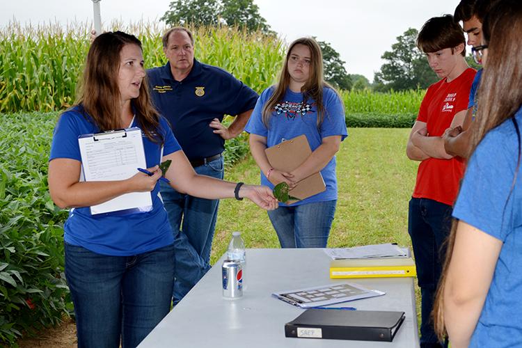 Kiersten Wise, UK extension plant pathologist, shows a team from Livingston Central an example of issues they might find in the adjoining soybean plot during the 2019 UK High School Crop Scouting Competition.
