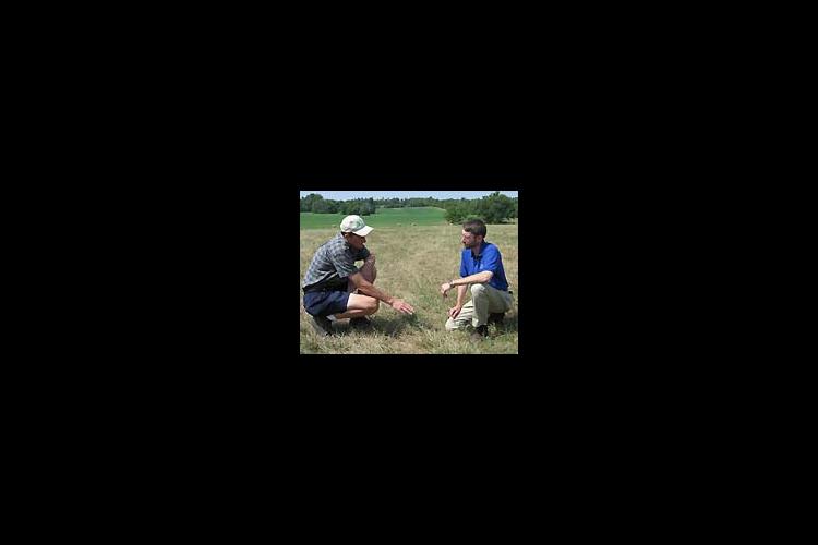 Todd Clark, left, talks to UK Forage Specialist Ray Smith about the condition of his pastures.