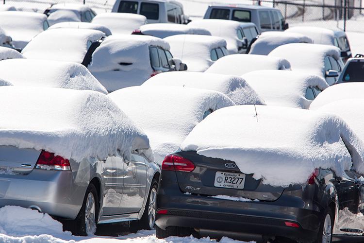 Cars in the UK motor pool are covered with snow in this March 2018 photo. Photo by Steve Patton, UK agricultural communications.