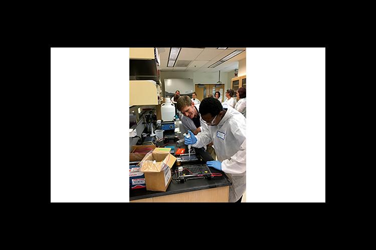 Tyler Dreaden, UK plant pathology researcher, helps Demari Rogers perform an experiment during UK Ag Biotech Day. 