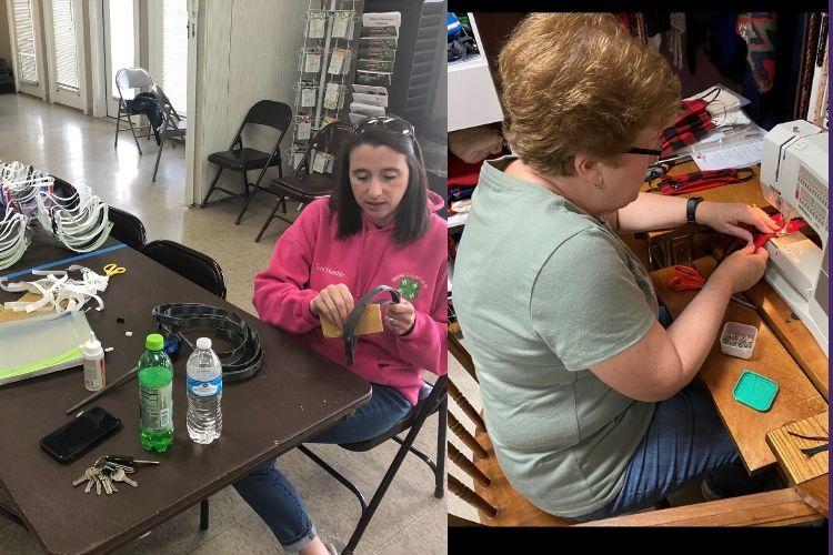 Left  Image: Toni Humble, Wayne County 4-H youth development agent, assembles face shields. Right: Karen Hill, Kentucky Extension Homemaker Association president and Henderson County Extension Homemaker, sews face masks. Photos submitted.