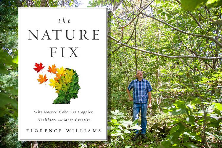 The Nature Fix book cover and UK's Robinson Forest.