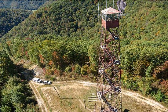 Aerial view of the fire tower in UK Robinson Forest. 