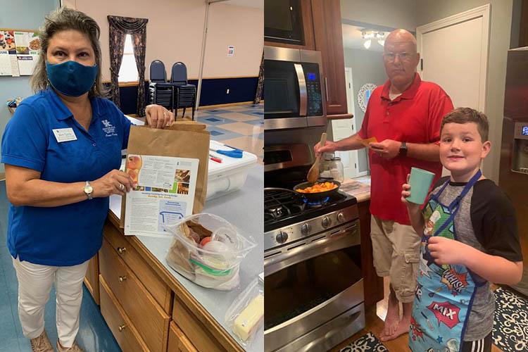 Mimi Quiroz (l) in Extension office kitchen, Duke family (r) in home kitchen