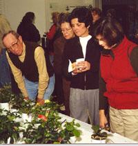 Participants of the Garden Gurus program look over plants being offered at the event's silent auction.