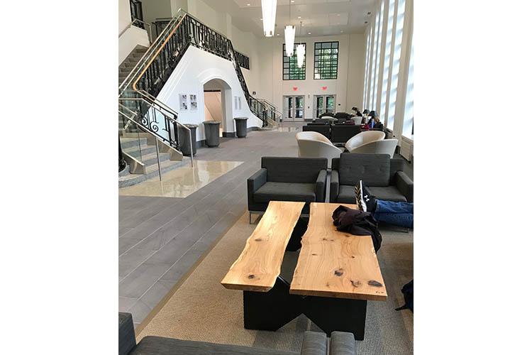A coffee table in the Gatton Student Center are made from pin oaks harvested from the campus. The tables were donated and manufactured by the the UK Department of Forestry and Natural Resources.