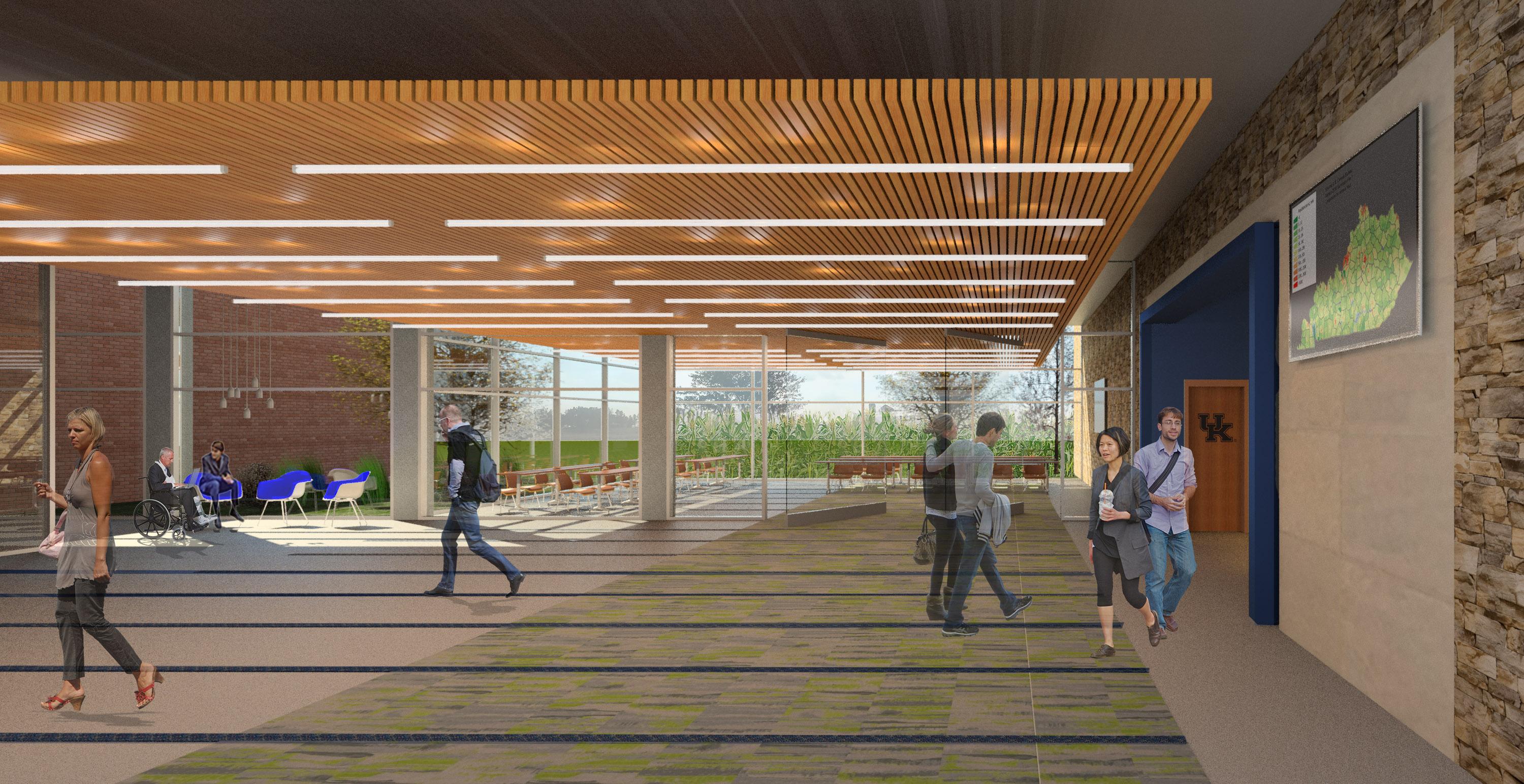An architect rendering of the new lobby at the UK Grain and Forage Center of Excellence 