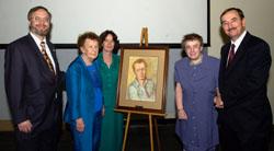 (left to right) Christopher Schardl; Mary Wheeler, sister-in-law of Harry E. Wheeler; Mary Anne Smith, niece; Hattie Grace Wheeler, niece; Bill Wheeler, nephew. Harry Wheeler's portrait was painted by his wife, Naomi.