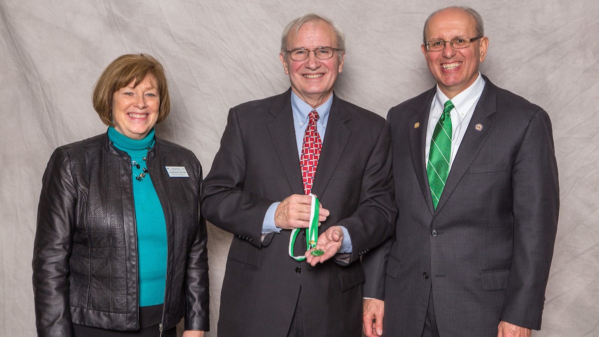 Dr. Joe Kurth (center), 2015 inductee to the National 4-H Hall of Fame and former Kentucky Assistant Director of Extension for 4-H Youth Development Programs, with Dr. Charlene Jacobs (Left), Assistant Director of Extension for 4-H Youth Development Programs, and Dr. Jimmy Henning, Associate Director of the Kentucky Cooperative Extension Service in the UK College of Agriculture, Food and Environment. Photo provided by Martin-Gatton CAFE.