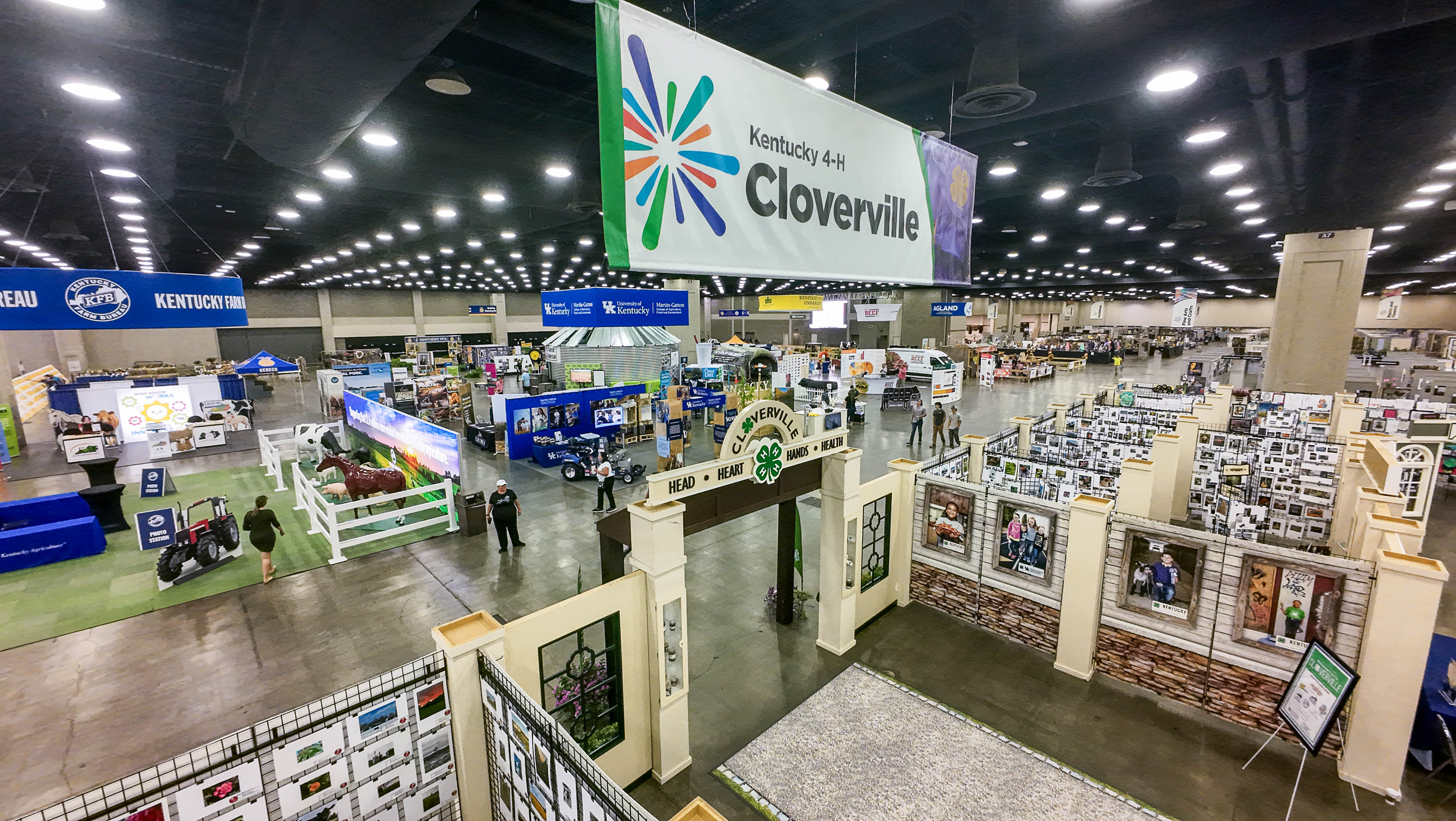 An aerial view shows displays of artwork as well as exhibits at the Kentucky State Fair.