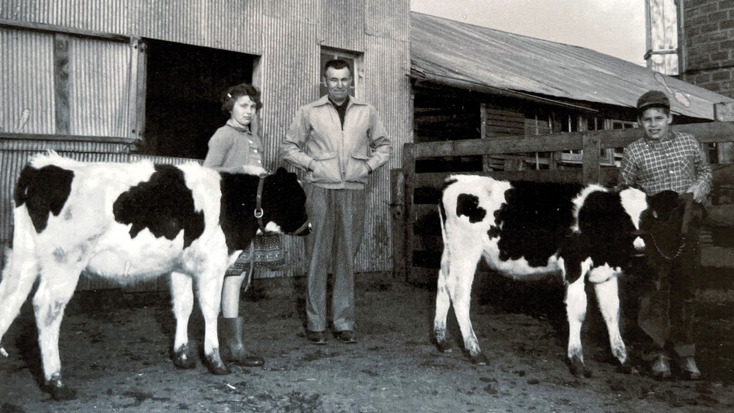 George Heersche, Jr. (far right) posing with one of his 4-H cows on his family’s dairy farm. Photo provided by Kim Heersche