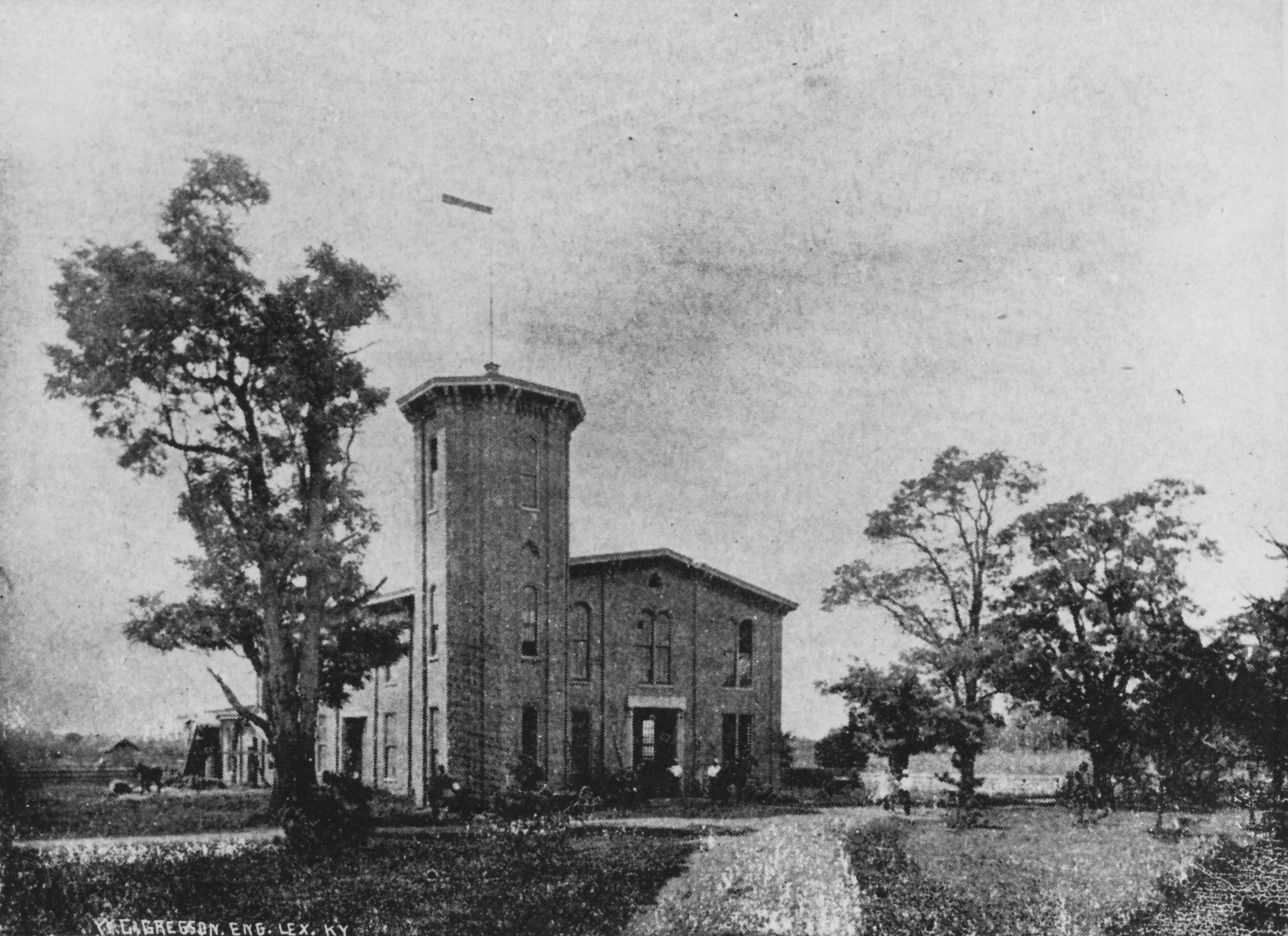 A few trees surround a stately building on a farm in Lexington, KY.