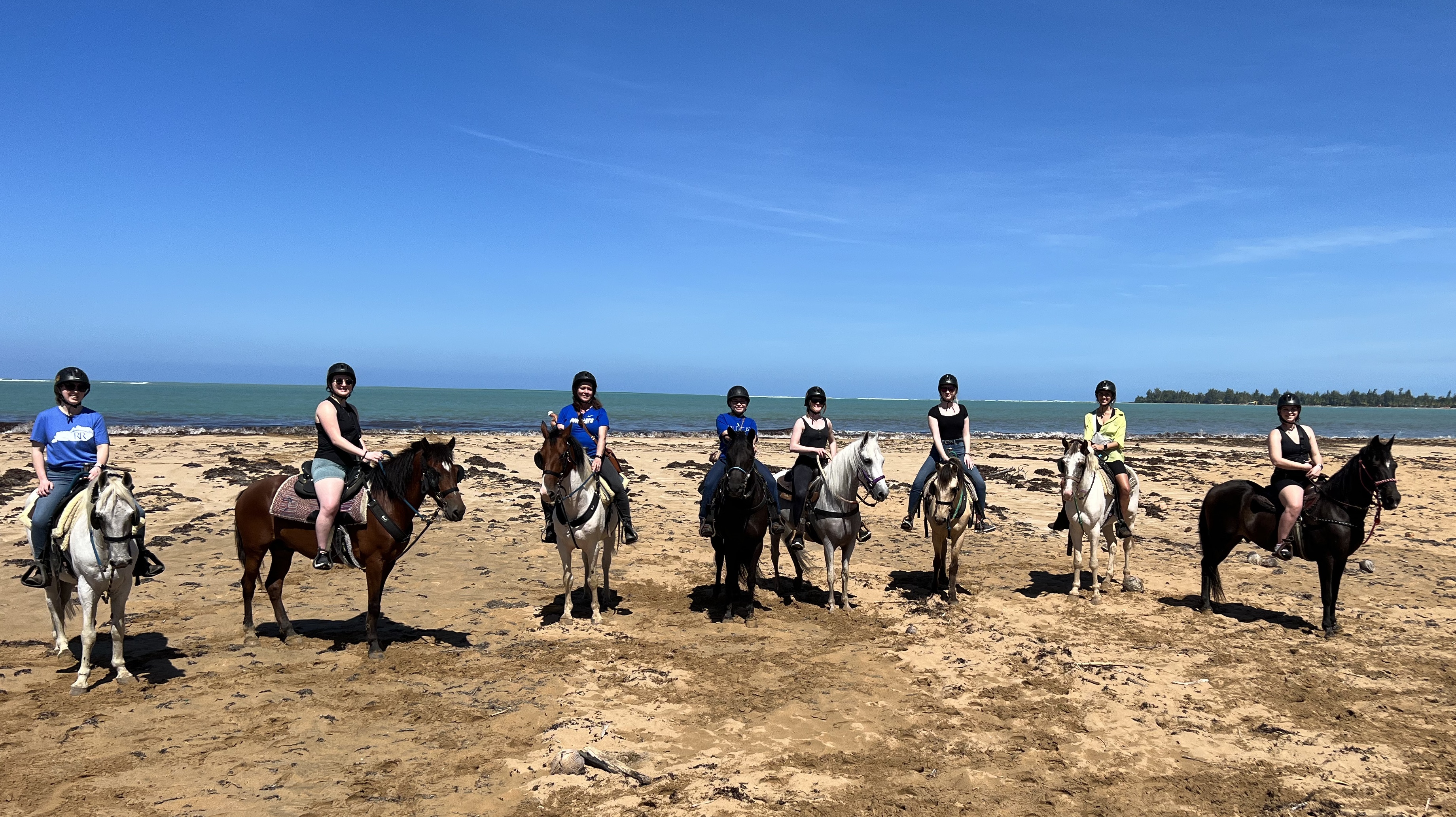 Students riding horses by the sea.