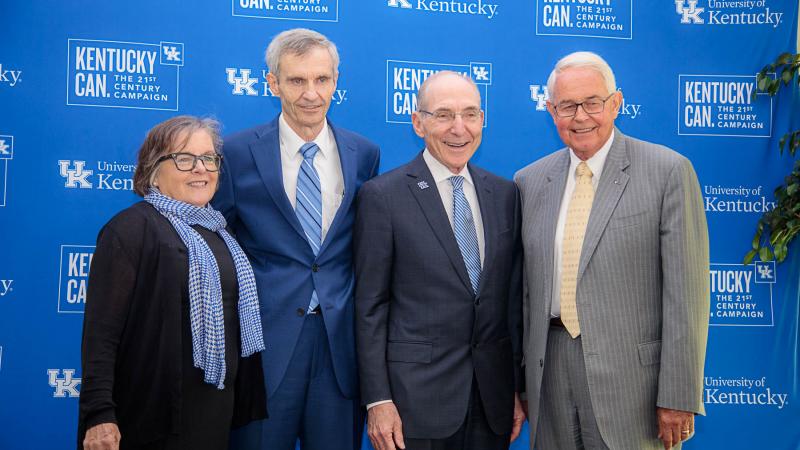 L-R: Nancy Cox, UK Vice President for Land Grant Engagement and CAFE Dean; Danny Dunn, Bill Gatton Foundation Trustee; Dr. Eli Capilouto, UK President; Mike Richey, former UK Vice President for Philanthropy and Alumni Engagement
