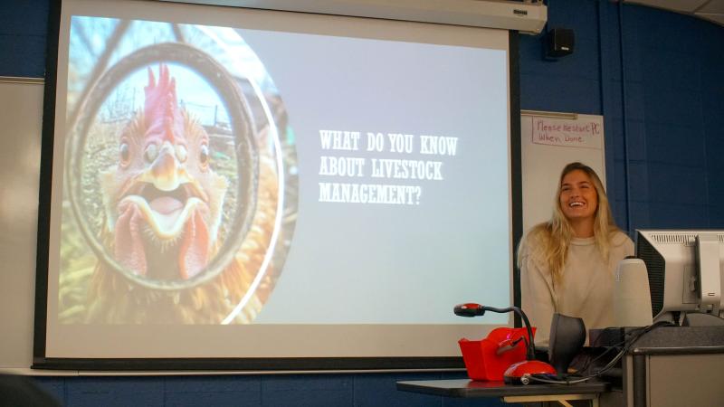 Peer Instructor, Sam Grinnell-Spiller, teaching an AFE 100 lesson. Photo provided by Zoey Ortega.