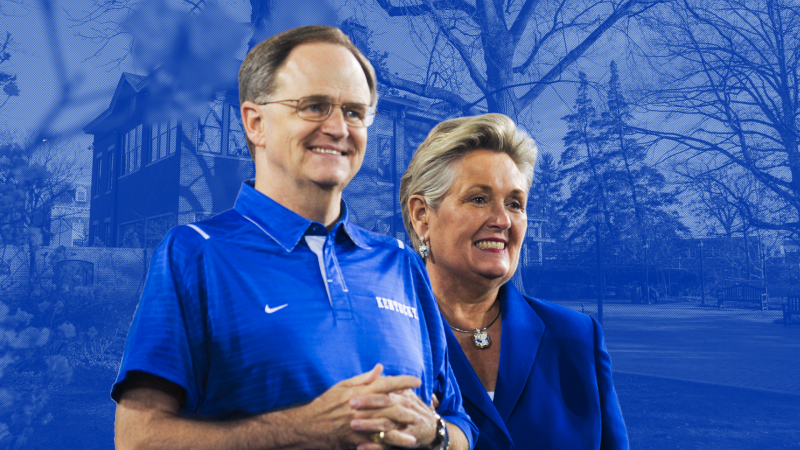 A graphic shows a photo of a nice house and the surrounding trees, shaded blue. In the foreground are a man and a woman, both wearing blue and smiling.