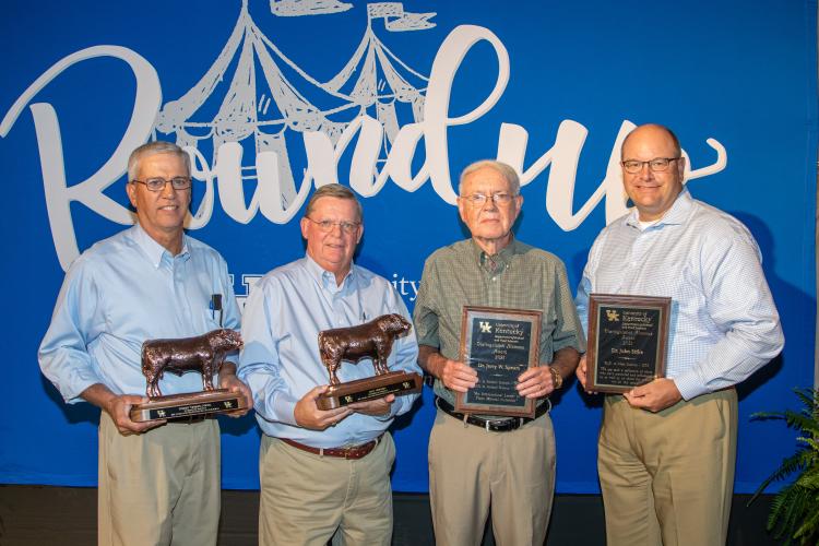 (L to R) Hall of Fame Inductees Robert (Bobby) Foree and Dan Grigson and Distinguished Alumnus Dr. Jerry Spears and Dr. John Stika were honored during the Animal Science Reunion Oct. 1 during 2021 Roundup week for the College of Agriculture, Food and E