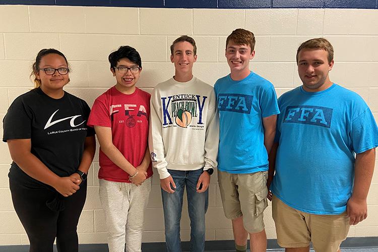 Members of the LaRue County FFA team of Donna Thompson, Jose Villanos, Jacob Hinton, Grayson Miller and Chris Robbins won the Regional High School Crop Scouting Competition. Photo courtesy of Misty Bivens. 