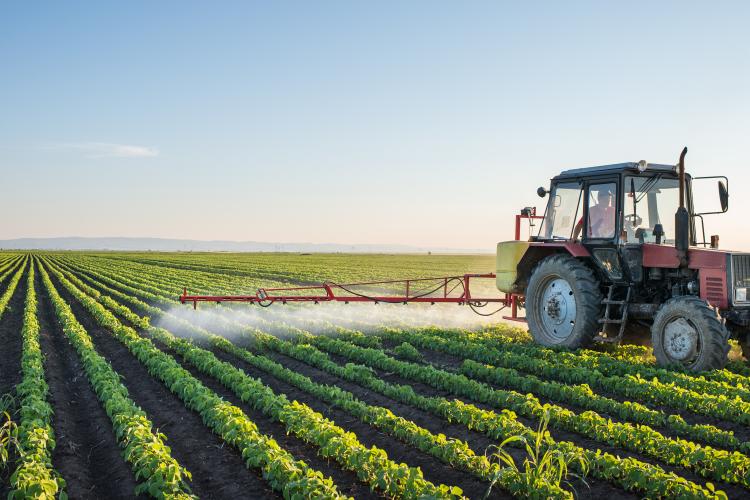 Producer spraying a soybean field. Photo courtesy of Getty Images.