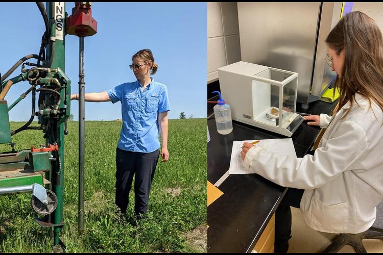 Hanna Poffenbarger, left, and grad student Danielle Doering, right, working on soil carbon study. 