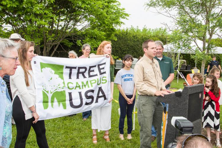 Presentation of Tree Campus USA Award to UK during 2017 Arbor Day event at The Arboretum