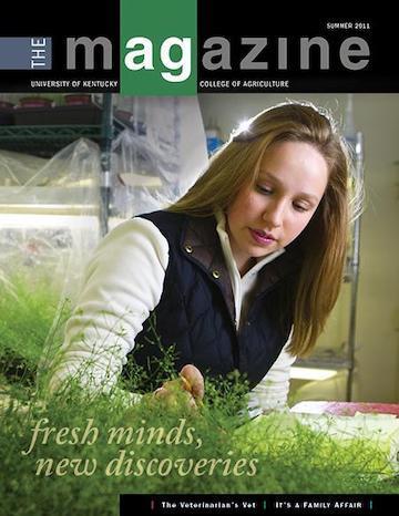 Cover of the AgMagazine for Summer 2011. Cover photo displays a person in a black vest observing plants in a lab.