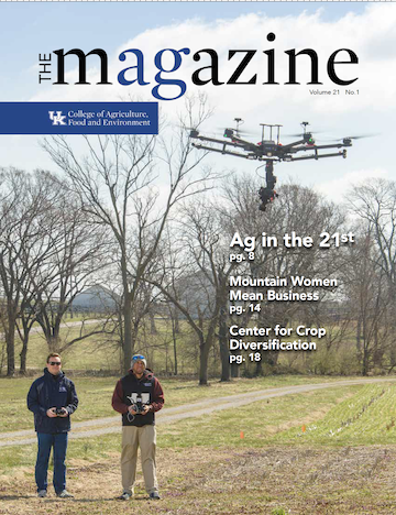 Cover of the Spring 2019 AgMagazine. Cover image displays two people flying a drone in a field. 