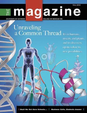 Cover of the AgMagazine for Fall 2012. Cover photo displays illustrations of DNA helixes, protein structures, and an anatomic model.