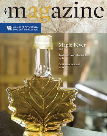 Cover of the AgMagazine for Spring 2018. Cover image displays a bottle of maple syrup.