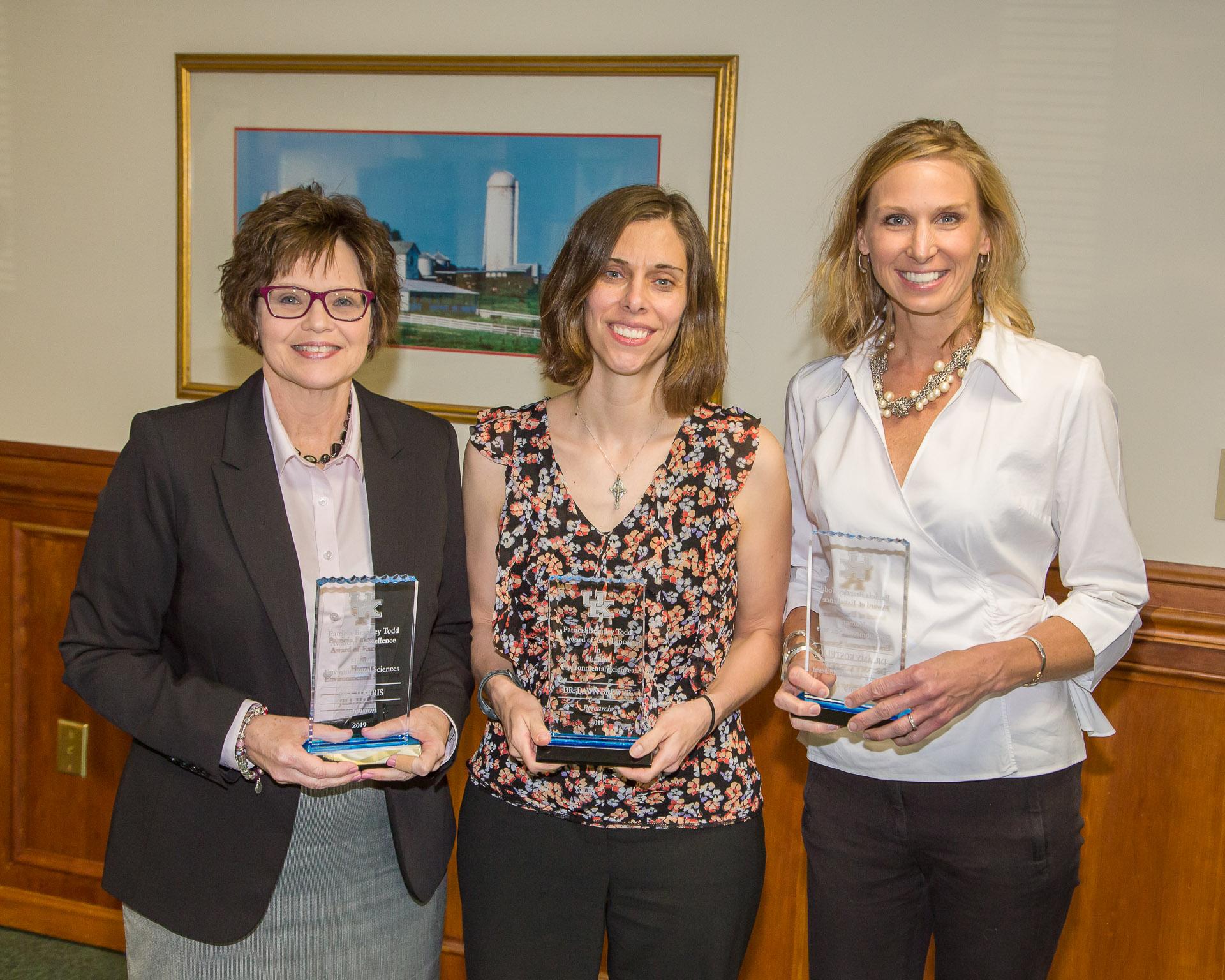 From left: Jill Harris, Dawn Brewer and Amy Kostelic received the 2019 Patricia Brantley Todd Awards of Excellence from the UK School of Human Environmental Sciences. Photo by Steve Patton, UK agricultural communications.