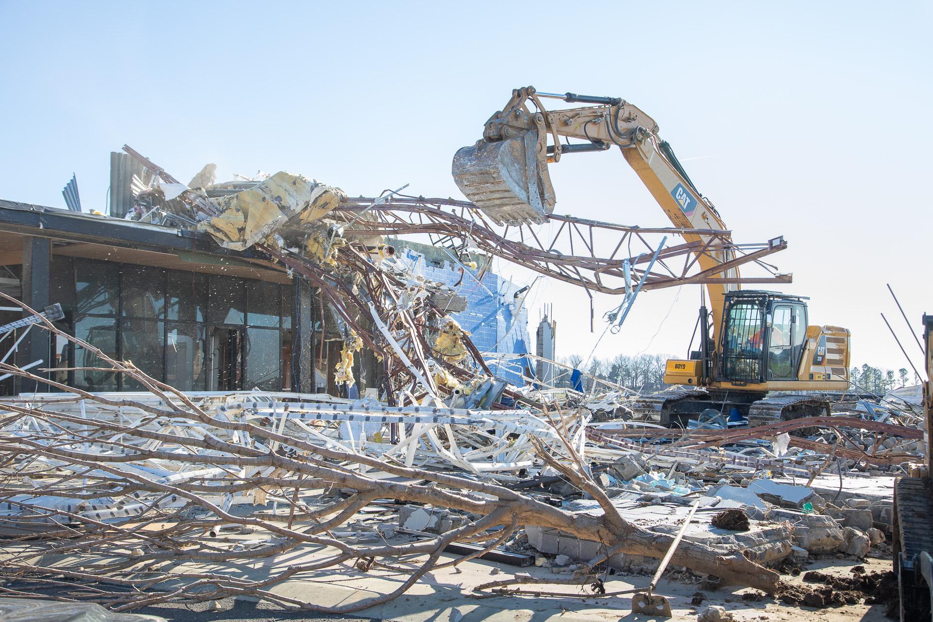 The remnants of the main building at the center are now in the process of demolition. The demolition and debris removal process is expected to take at least four months. Photo by Steve Patton, UK agricultural communications.