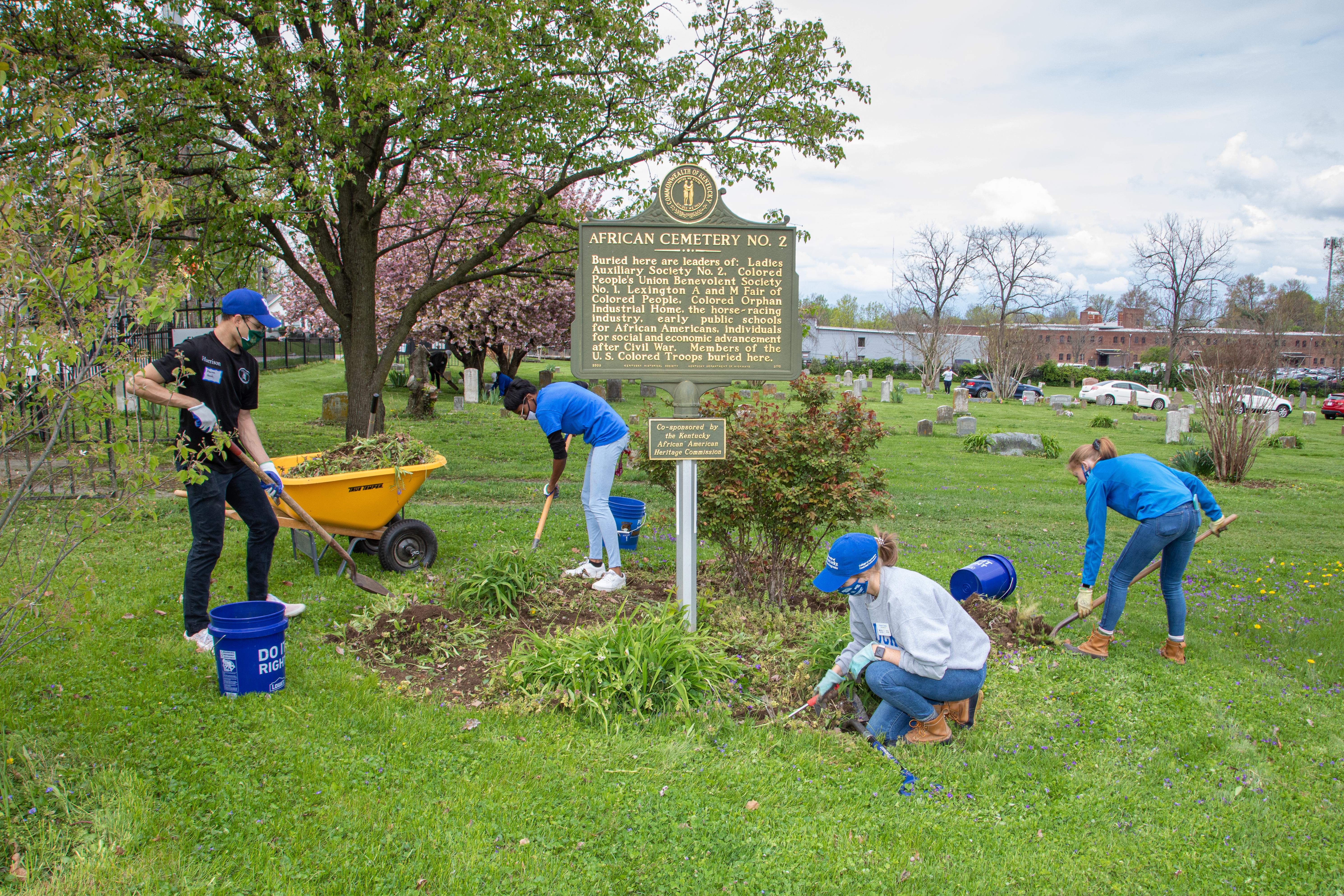 Volunteers at the Spring into Service event spruce up the landscaping at African Cemetery No. 2 in Lexington. Photo by Steve Patton, UK agricultural communications. 