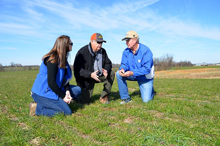 From left, Mattea Mitchell, Hickman County agriculture and natural resources extension agent, Hickman County farmer Jerry Peery and UK soil scientist Lloyd Murdock discuss soil fragipans in a field of annual ryegrass growing on Peery's farm.