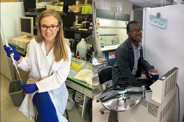 UK students Morgan Hasler, left, and Stone Warfield at their respective Wallace-Carver Fellowships this summer. Photos provided by students. 